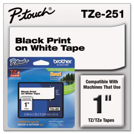 Brother P-Touch TZe Standard Adhesive Laminated Labeling Tape, 0.94" x 26.2 ft, Black on White (TZE251)