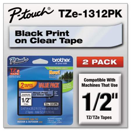 Brother P-Touch TZe Standard Adhesive Laminated Labeling Tapes, 0.47" x 26.2 ft, Black on Clear, 2/Pack (TZE1312PK)