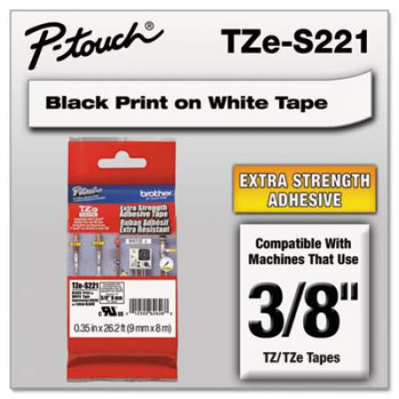 Brother P-Touch TZe Extra-Strength Adhesive Laminated Labeling Tape, 0.35" x 26.2 ft, Black on White (TZES221)