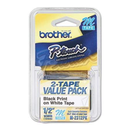 Brother P-Touch M Series Tape Cartridges for P-Touch Labelers, 0.47" x 26.2 ft, Black on White, 2/Pack (M2312PK)