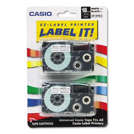 Casio Tape Cassettes for KL Label Makers, 0.75" x 26 ft, Black on White, 2/Pack (XR18WE2S)