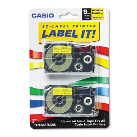 Casio Tape Cassettes for KL Label Makers, 0.37" x 26 ft, Black on Yellow, 2/Pack (XR9YW2S)